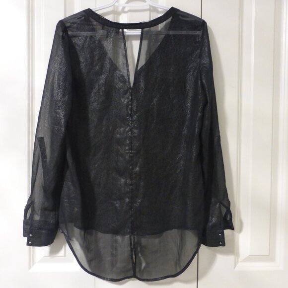 LE CHATEAU semi-sheer black silver metallic sheen long sleeve blouse - Picture 2 of 7
